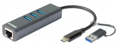 Фотография товара 'D-Link DUB-2332 Сетевой адаптер Gigabit Ethernet / USB Type-C с 3 портами USB 3.0 и переходником USB Type-C / USB Type-A'