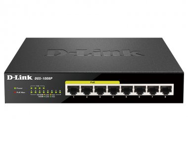 Фотография товара 'D-Link DGS-1008P Неуправляемый коммутатор с 8 портами 10/100/1000Base-T (4 порта PoE 802.3af/at, PoE-бюджет 80 Вт)'