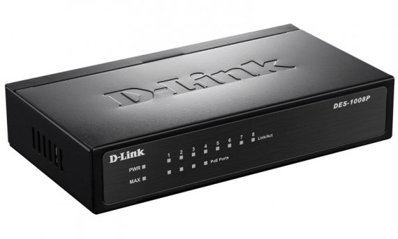 Фотография товара 'D-Link DES-1008P Неуправляемый коммутатор с 8 портами 10/100Base-TX (4 порта PoE 802.3af, PoE-бюджет 52 Вт)'