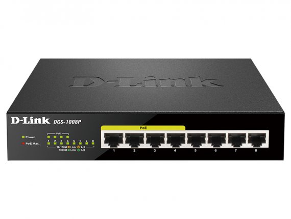 Фотография товара 'D-Link DGS-1008P Неуправляемый коммутатор с 8 портами 10/100/1000Base-T (4 порта PoE 802.3af/at, PoE-бюджет 80 Вт)'