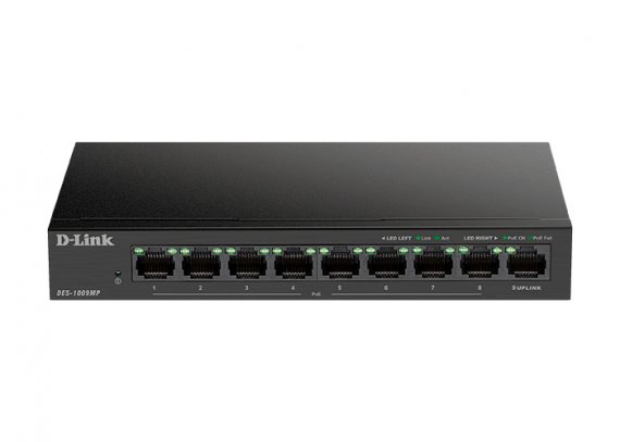 Фотография товара 'D-Link DES-1009MP Unmanaged Switch 8x100Base-TX PoE, 1x1000Base-T, Surge 6KV, PoE Budget 117W, metal case'